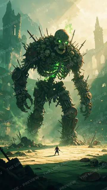The Bone Colossus towering over a tiny warrior